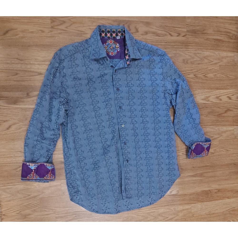 Robert Graham Shirt Mens XL Blue Stripe Embroidered Cuff Long Sleeve Paisley
